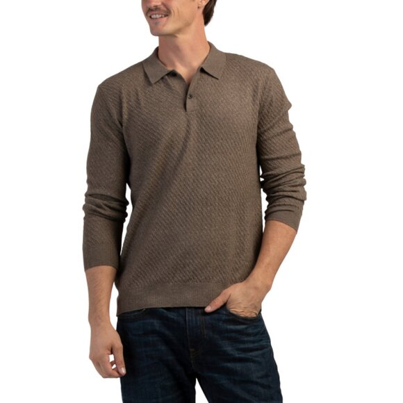 MAGASCHONI Bark Heather Textured Long Sleeve Pull Over Polo - Picture 1 of 2